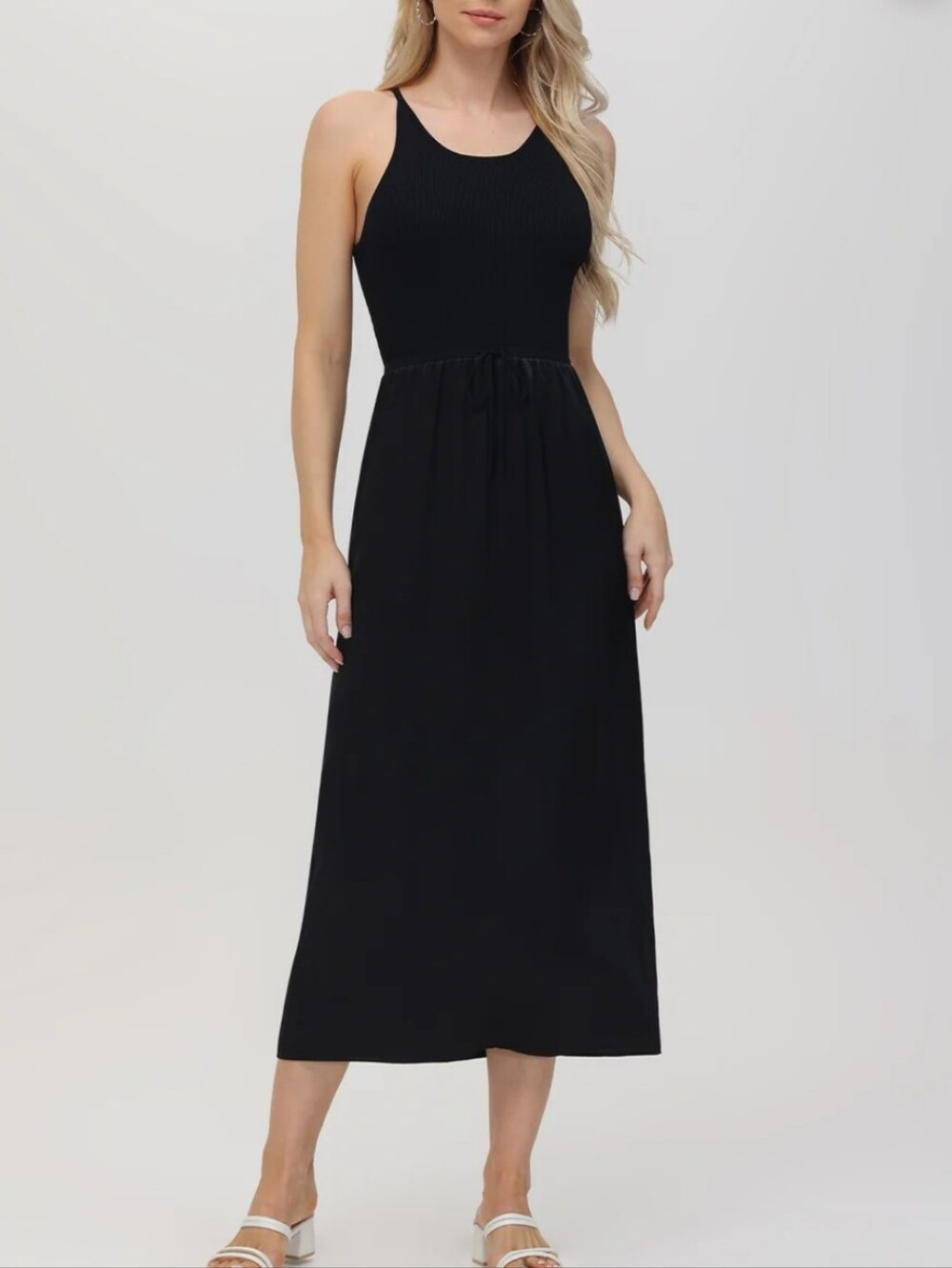 Deanna: Mixed Media Midi Dress Women’s Black Ribbed Tank Maxi Dress